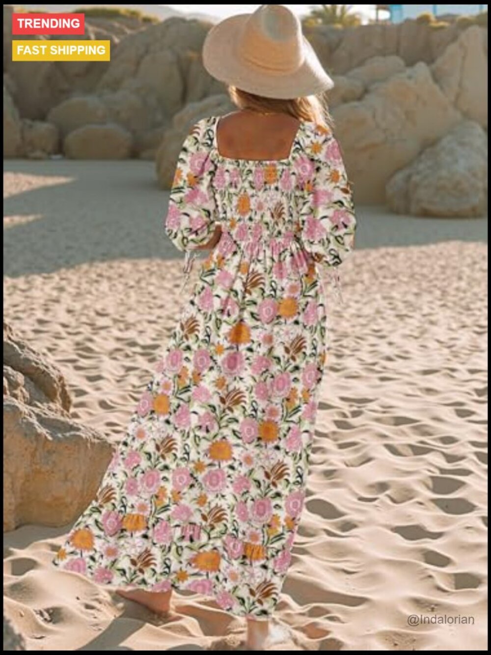 Puff Sleeve Square Neck Smocked A-Line Maxi Dress with Pockets - Picture 5 of 7